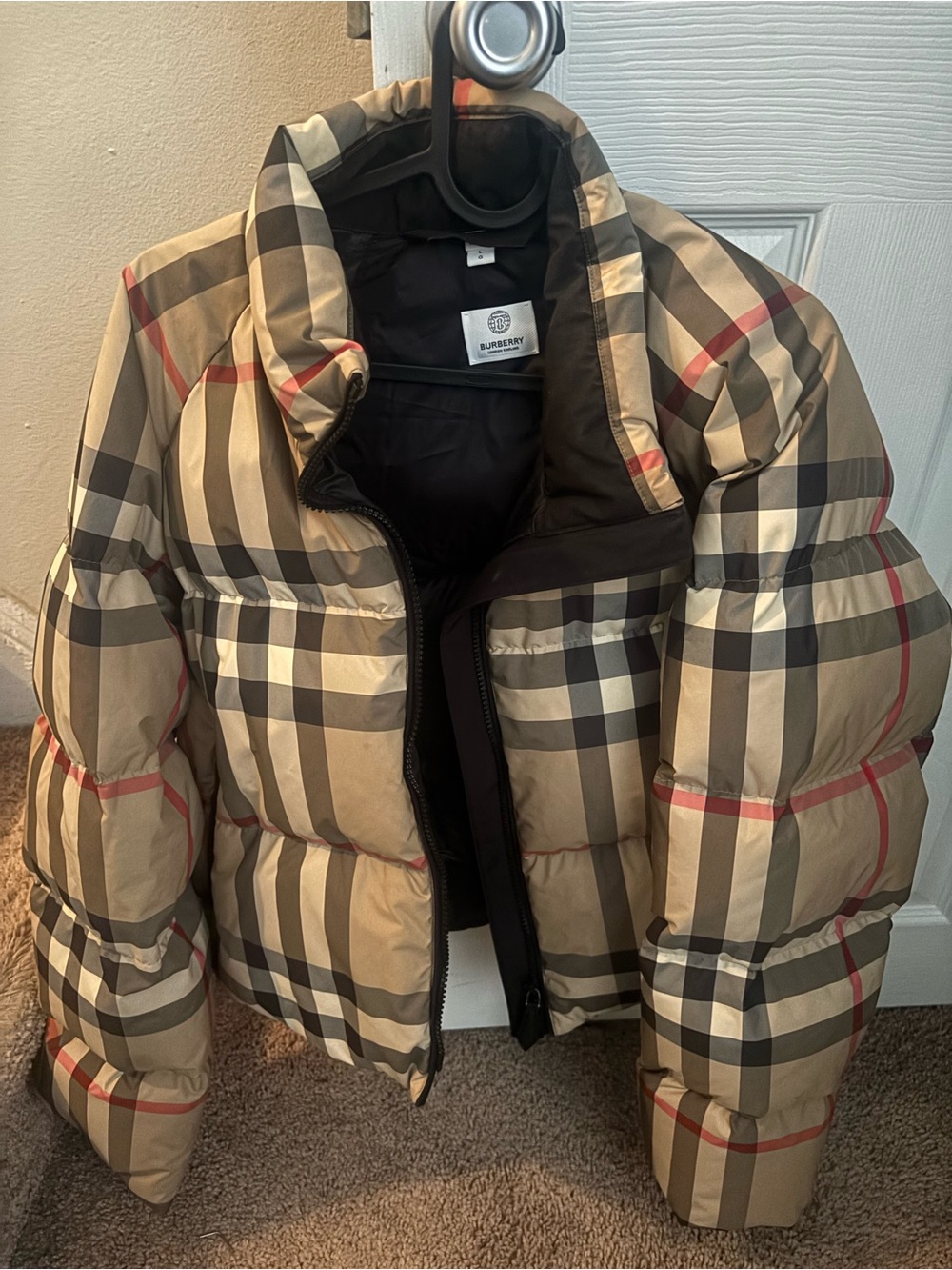 Burberry Beige Check Kids Puffer Jacket with Black Trim
